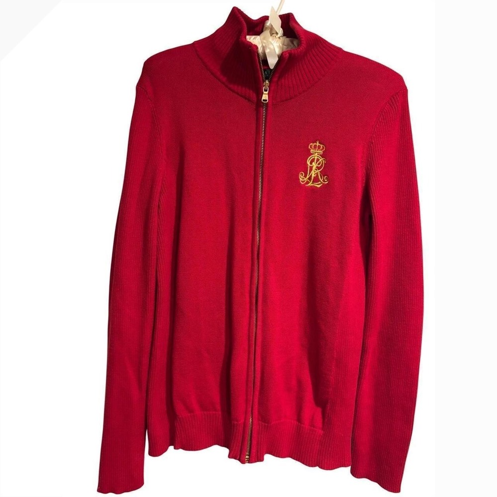 Lauren Ralph Lauren Red Full Zip Crest Cardigan Sweater Mock Neck Gold Logo L